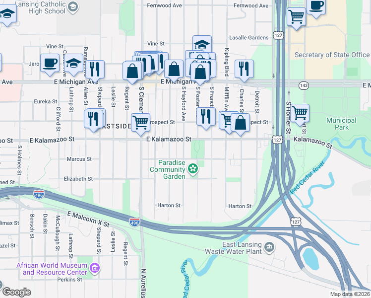 map of restaurants, bars, coffee shops, grocery stores, and more near 424 South Hayford Avenue in Lansing