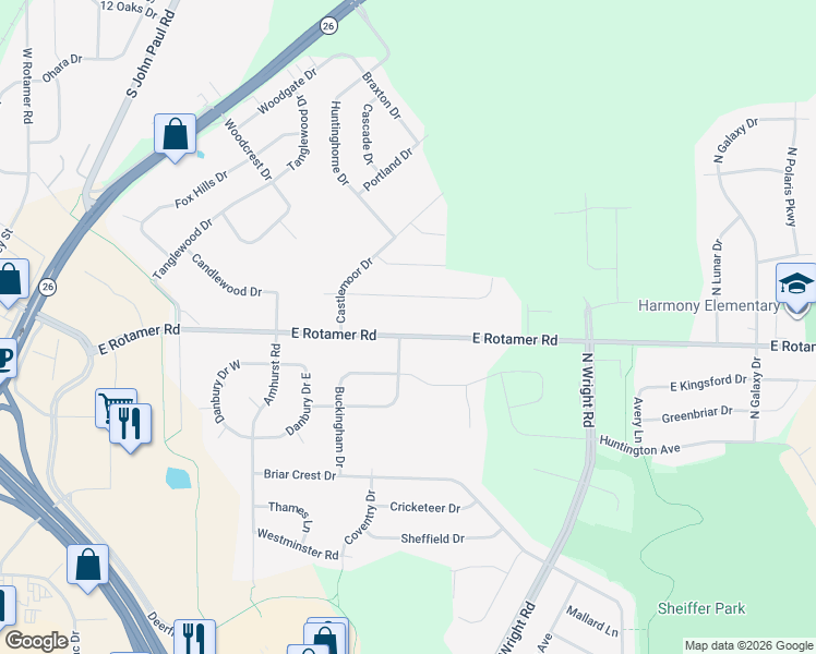 map of restaurants, bars, coffee shops, grocery stores, and more near 3505 East Rotamer Road in Janesville