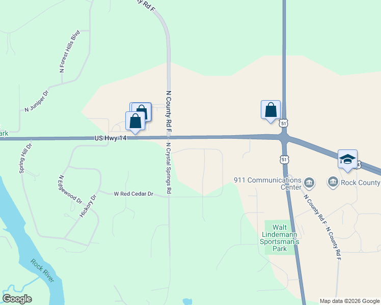 map of restaurants, bars, coffee shops, grocery stores, and more near 3990 North Crystal Springs Road in Janesville