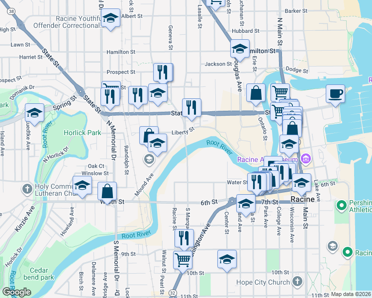 map of restaurants, bars, coffee shops, grocery stores, and more near 720 Marquette Street in Racine