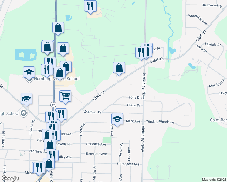 map of restaurants, bars, coffee shops, grocery stores, and more near 4409 Clark Street in Hamburg
