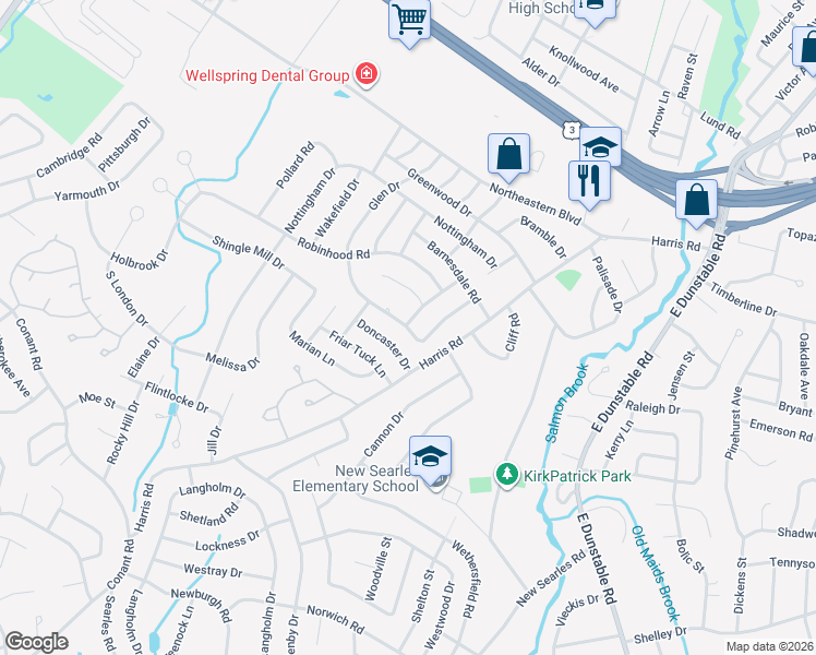map of restaurants, bars, coffee shops, grocery stores, and more near 13 Nightingale Road in Nashua