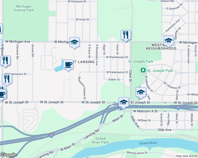 map of restaurants, bars, coffee shops, grocery stores, and more near 442 Rosemary Avenue in Lansing