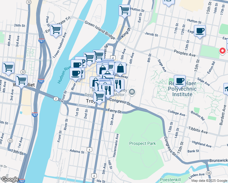map of restaurants, bars, coffee shops, grocery stores, and more near 109 4th Street in Troy