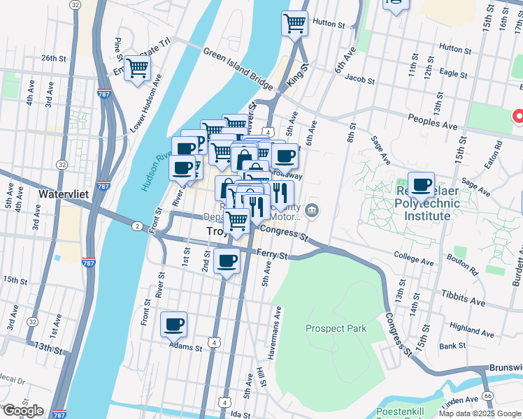 map of restaurants, bars, coffee shops, grocery stores, and more near 109 4th Street in Troy