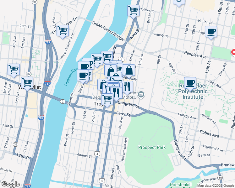 map of restaurants, bars, coffee shops, grocery stores, and more near 109 4th Street in Troy