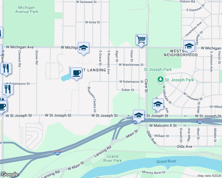 map of restaurants, bars, coffee shops, grocery stores, and more near 442 Rosemary Avenue in Lansing