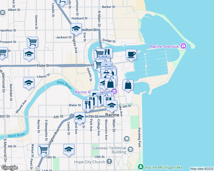 map of restaurants, bars, coffee shops, grocery stores, and more near 338 Main Street in Racine