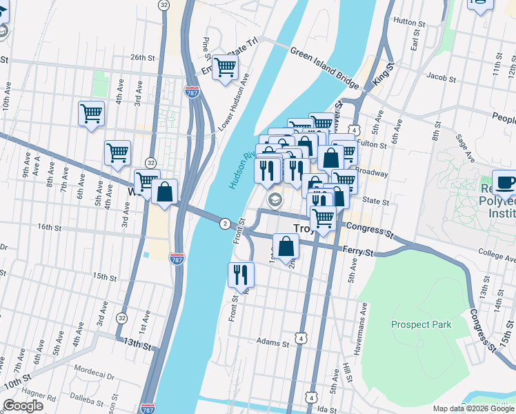 map of restaurants, bars, coffee shops, grocery stores, and more near 145 River Street in Troy