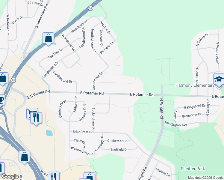 map of restaurants, bars, coffee shops, grocery stores, and more near 3505 East Rotamer Road in Janesville