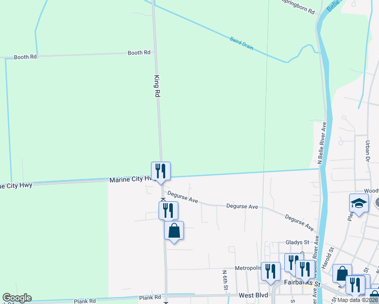 map of restaurants, bars, coffee shops, grocery stores, and more near 1000 Degurse Avenue in Marine City