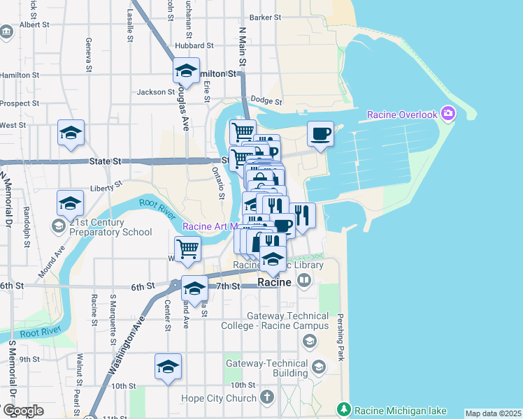 map of restaurants, bars, coffee shops, grocery stores, and more near 338 Main Street in Racine