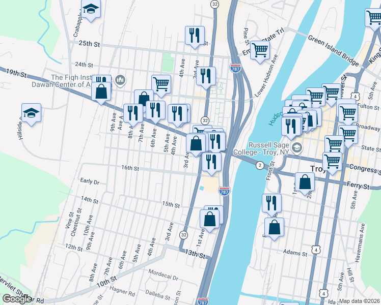 map of restaurants, bars, coffee shops, grocery stores, and more near 200 18th Street in Watervliet