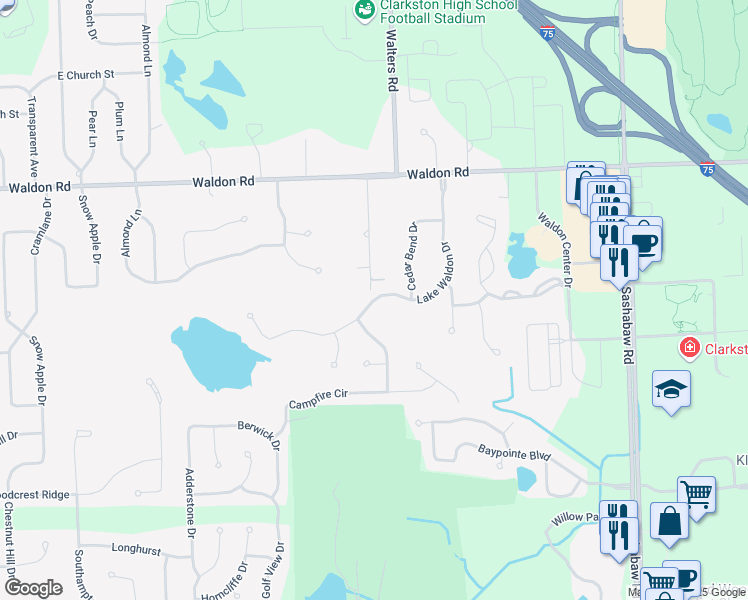 map of restaurants, bars, coffee shops, grocery stores, and more near 6129 Lake Waldon Drive in Independence charter Township