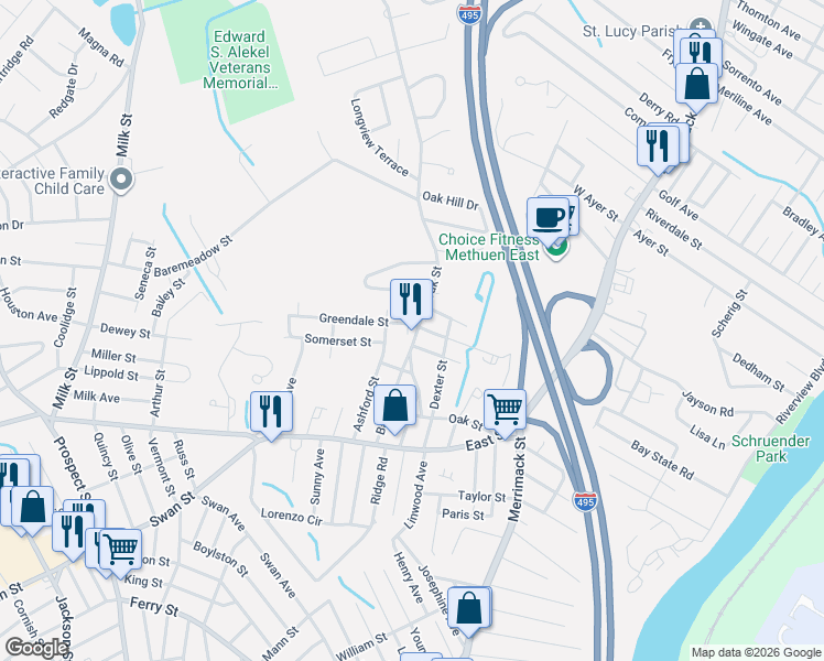 map of restaurants, bars, coffee shops, grocery stores, and more near 34 Bates Street in Methuen