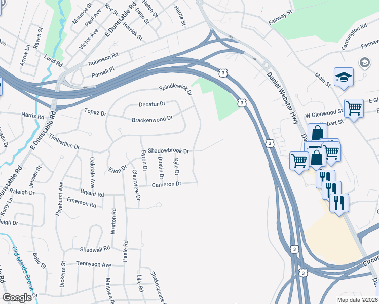 map of restaurants, bars, coffee shops, grocery stores, and more near 84 Spindlewick Drive in Nashua