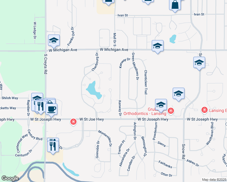 map of restaurants, bars, coffee shops, grocery stores, and more near 500 Burgenstock Drive in Lansing