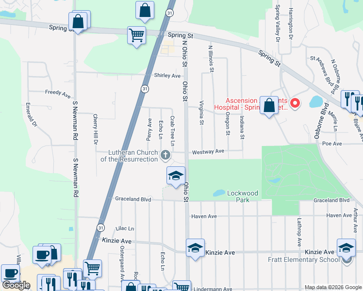 map of restaurants, bars, coffee shops, grocery stores, and more near 4715 Westway Avenue in Racine