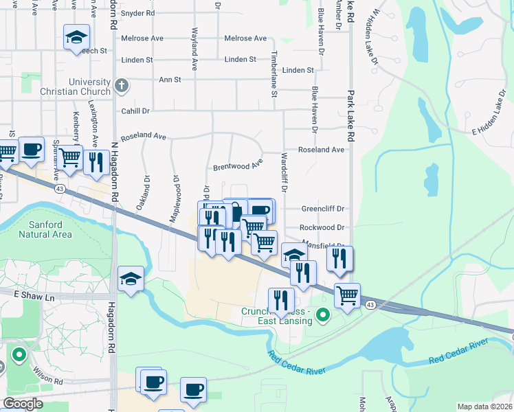 map of restaurants, bars, coffee shops, grocery stores, and more near 2720 Sirhal Drive in East Lansing