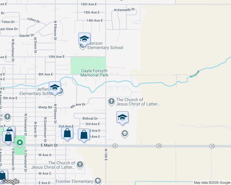 map of restaurants, bars, coffee shops, grocery stores, and more near 1113 4th Avenue East in Jerome