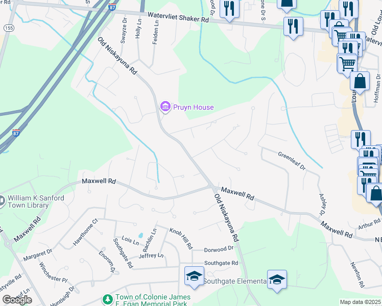 map of restaurants, bars, coffee shops, grocery stores, and more near 181 Niskayuna Road in Newtonville