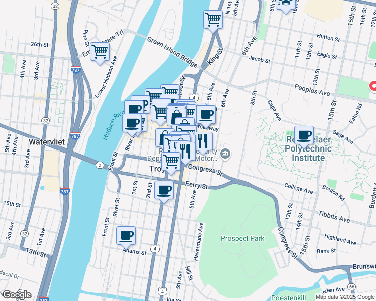 map of restaurants, bars, coffee shops, grocery stores, and more near 109 4th Street in Troy