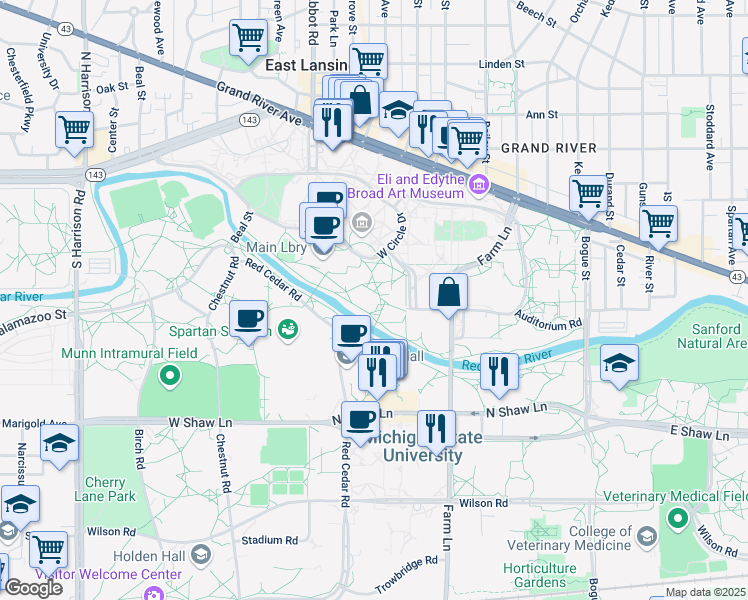 map of restaurants, bars, coffee shops, grocery stores, and more near 426 Auditorium Road in East Lansing