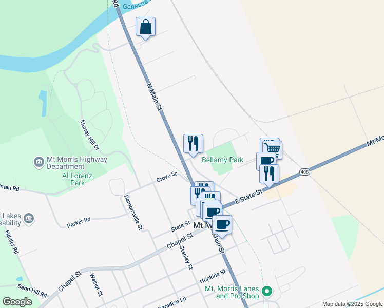 map of restaurants, bars, coffee shops, grocery stores, and more near 11 Lackawanna Avenue in Mount Morris