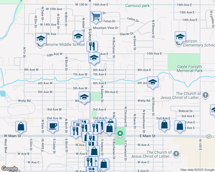 map of restaurants, bars, coffee shops, grocery stores, and more near 212 5th Avenue East in Jerome