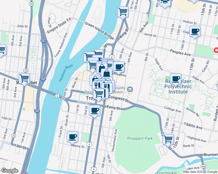 map of restaurants, bars, coffee shops, grocery stores, and more near 109 4th Street in Troy