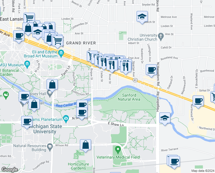 map of restaurants, bars, coffee shops, grocery stores, and more near 1050 Waters Edge Drive in East Lansing