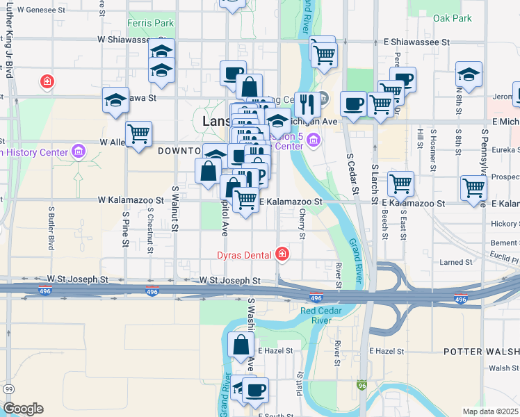 map of restaurants, bars, coffee shops, grocery stores, and more near 419 South Washington Square in Lansing