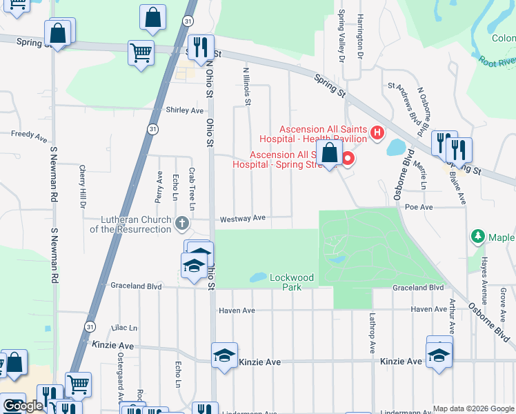 map of restaurants, bars, coffee shops, grocery stores, and more near 4509 Westway Avenue in Racine
