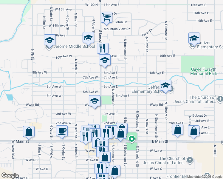 map of restaurants, bars, coffee shops, grocery stores, and more near 114 5th Avenue East in Jerome