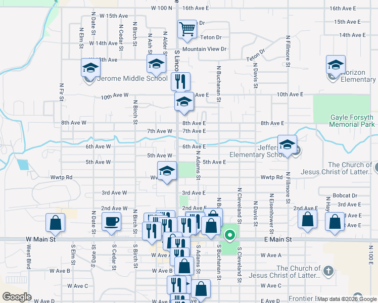 map of restaurants, bars, coffee shops, grocery stores, and more near 114 5th Avenue East in Jerome