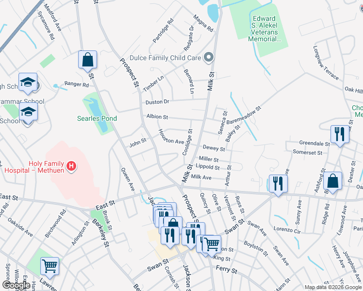 map of restaurants, bars, coffee shops, grocery stores, and more near 15 Coolidge Street in Methuen