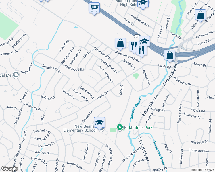 map of restaurants, bars, coffee shops, grocery stores, and more near 125 Harris Road in Nashua