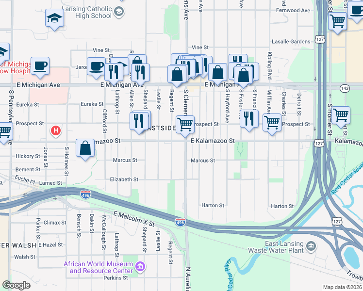 map of restaurants, bars, coffee shops, grocery stores, and more near 427 Regent Street in Lansing