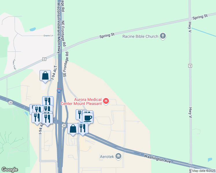 map of restaurants, bars, coffee shops, grocery stores, and more near 13216 Washington Avenue in Sturtevant