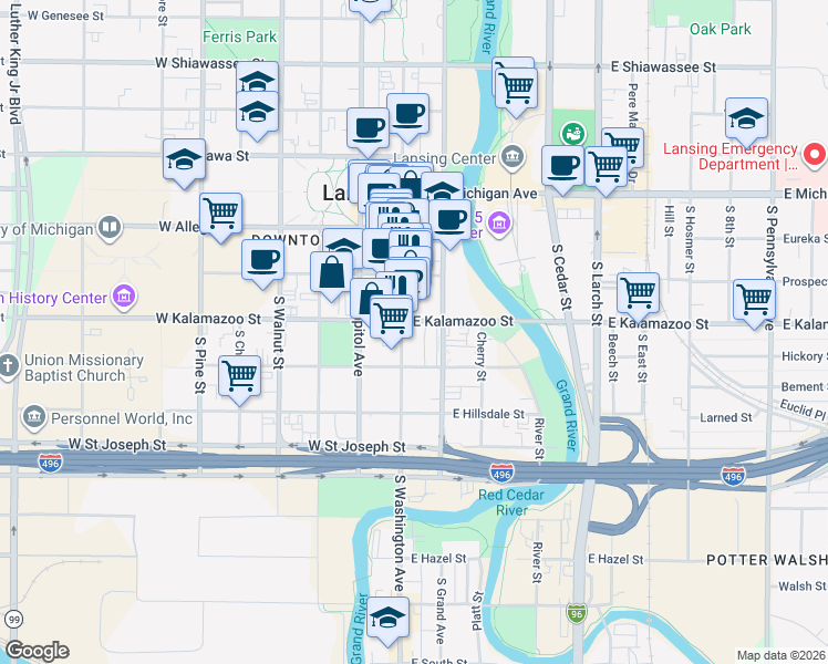 map of restaurants, bars, coffee shops, grocery stores, and more near 419 South Washington Square in Lansing