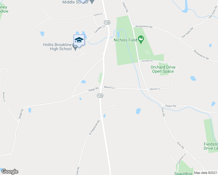 map of restaurants, bars, coffee shops, grocery stores, and more near 16 Merrill Lane in Hollis