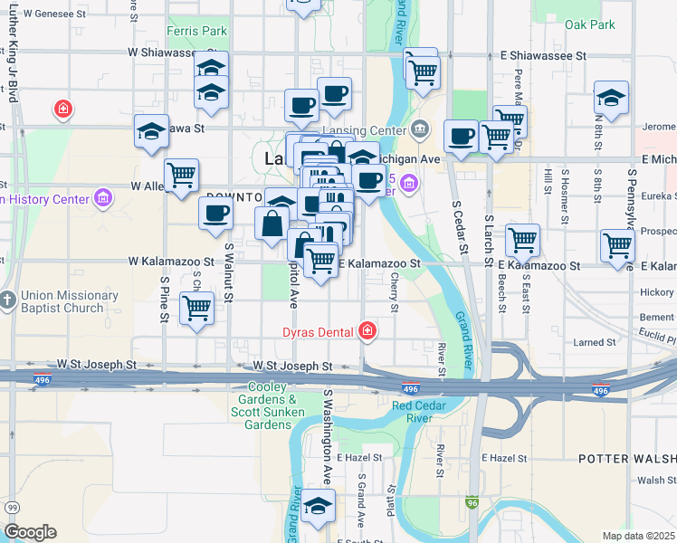 map of restaurants, bars, coffee shops, grocery stores, and more near 401 South Washington Square in Lansing