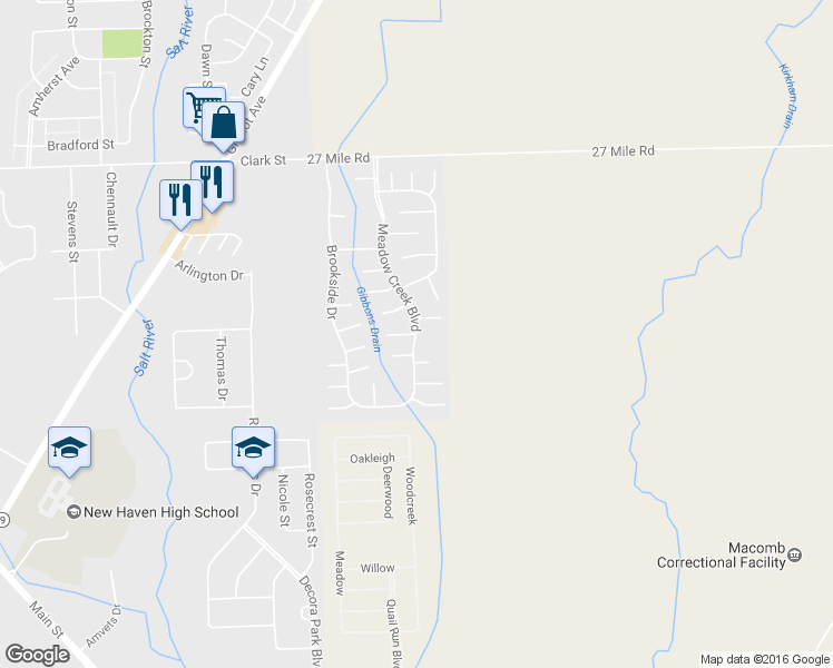 map of restaurants, bars, coffee shops, grocery stores, and more near 58246 Meadow Creek Boulevard in New Haven