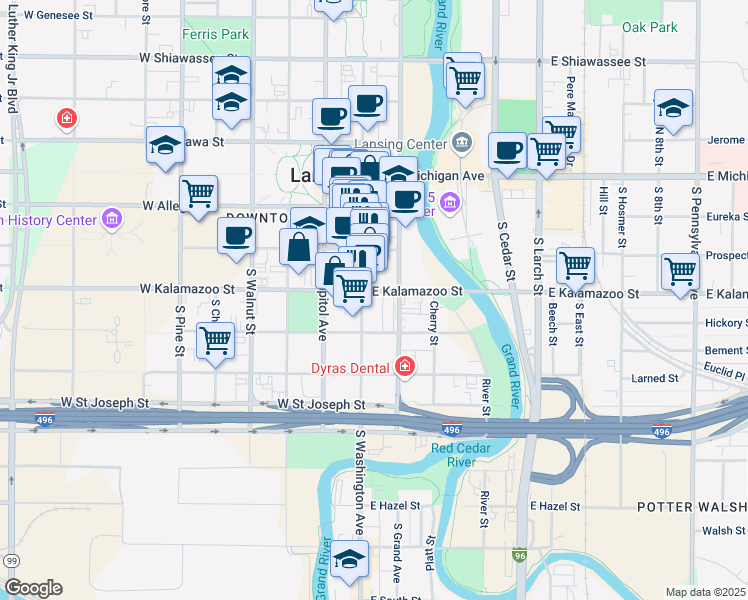 map of restaurants, bars, coffee shops, grocery stores, and more near 419 South Washington Square in Lansing