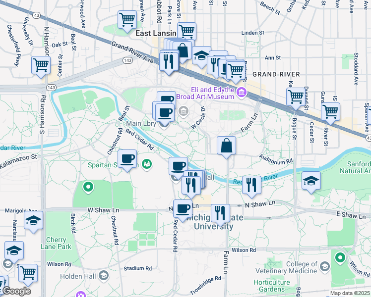 map of restaurants, bars, coffee shops, grocery stores, and more near 426 Auditorium Road in East Lansing
