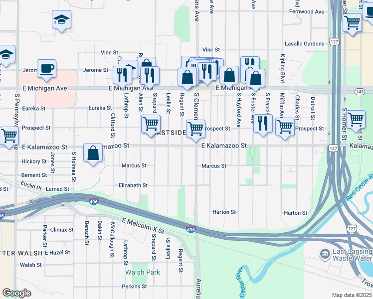 map of restaurants, bars, coffee shops, grocery stores, and more near 427 Regent Street in Lansing