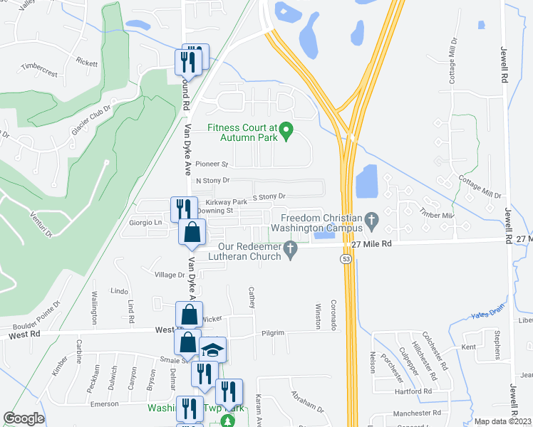 map of restaurants, bars, coffee shops, grocery stores, and more near 59145 Downing Street in Washington