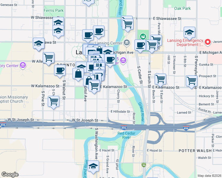 map of restaurants, bars, coffee shops, grocery stores, and more near in Lansing
