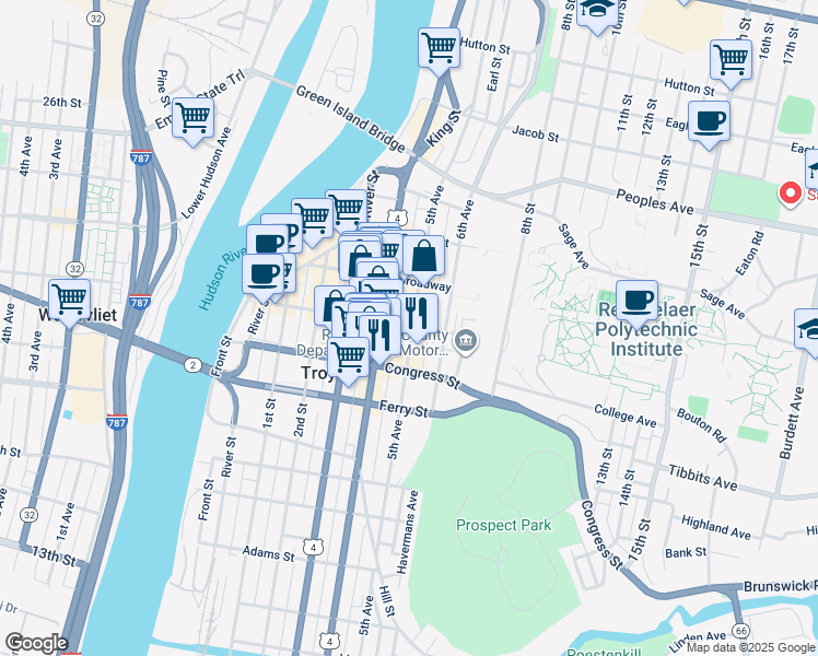 map of restaurants, bars, coffee shops, grocery stores, and more near 141 Congress St in Troy