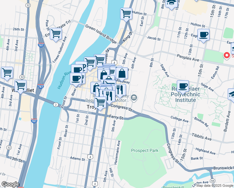 map of restaurants, bars, coffee shops, grocery stores, and more near 109 4th Street in Troy
